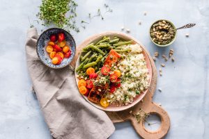 healthy food, fruits, veggies, oatmeal